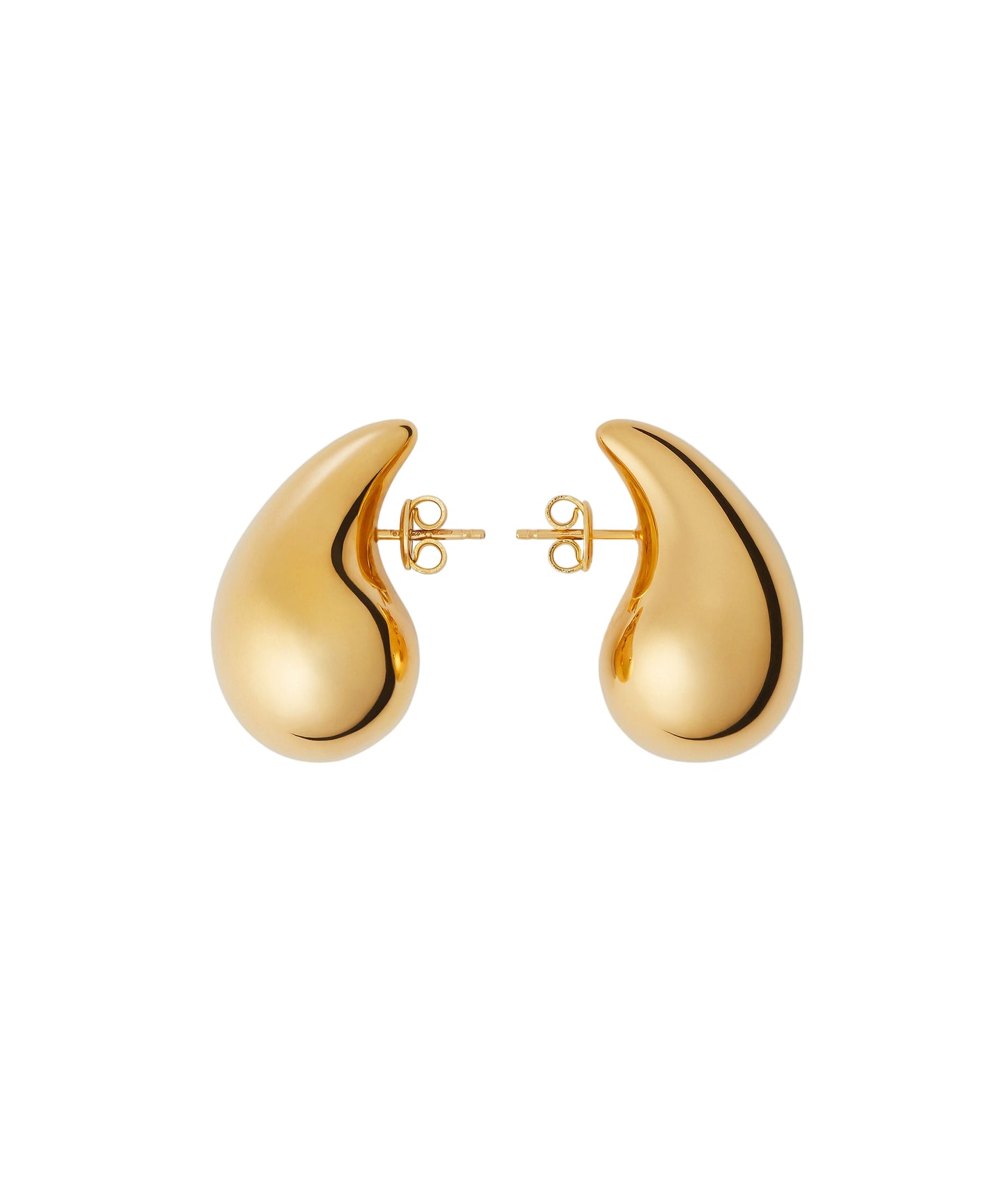 Gold teardrop-shaped earrings on a white background