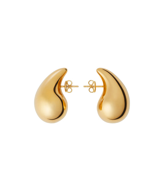 Gold teardrop-shaped earrings on a white background