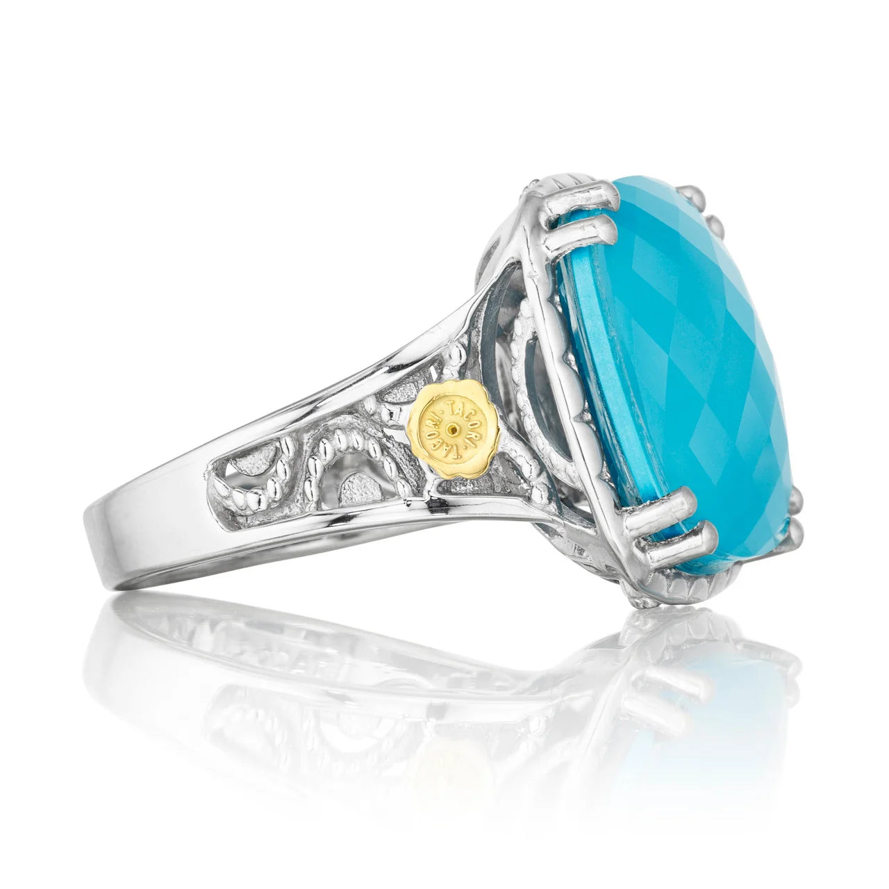 Crescent Embrace | Clear Quartz over Neolite Turquoise Cushion Ring | Style #SR 12805