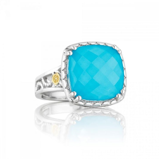 Crescent Embrace | Clear Quartz over Neolite Turquoise Cushion Ring | Style #SR 12805